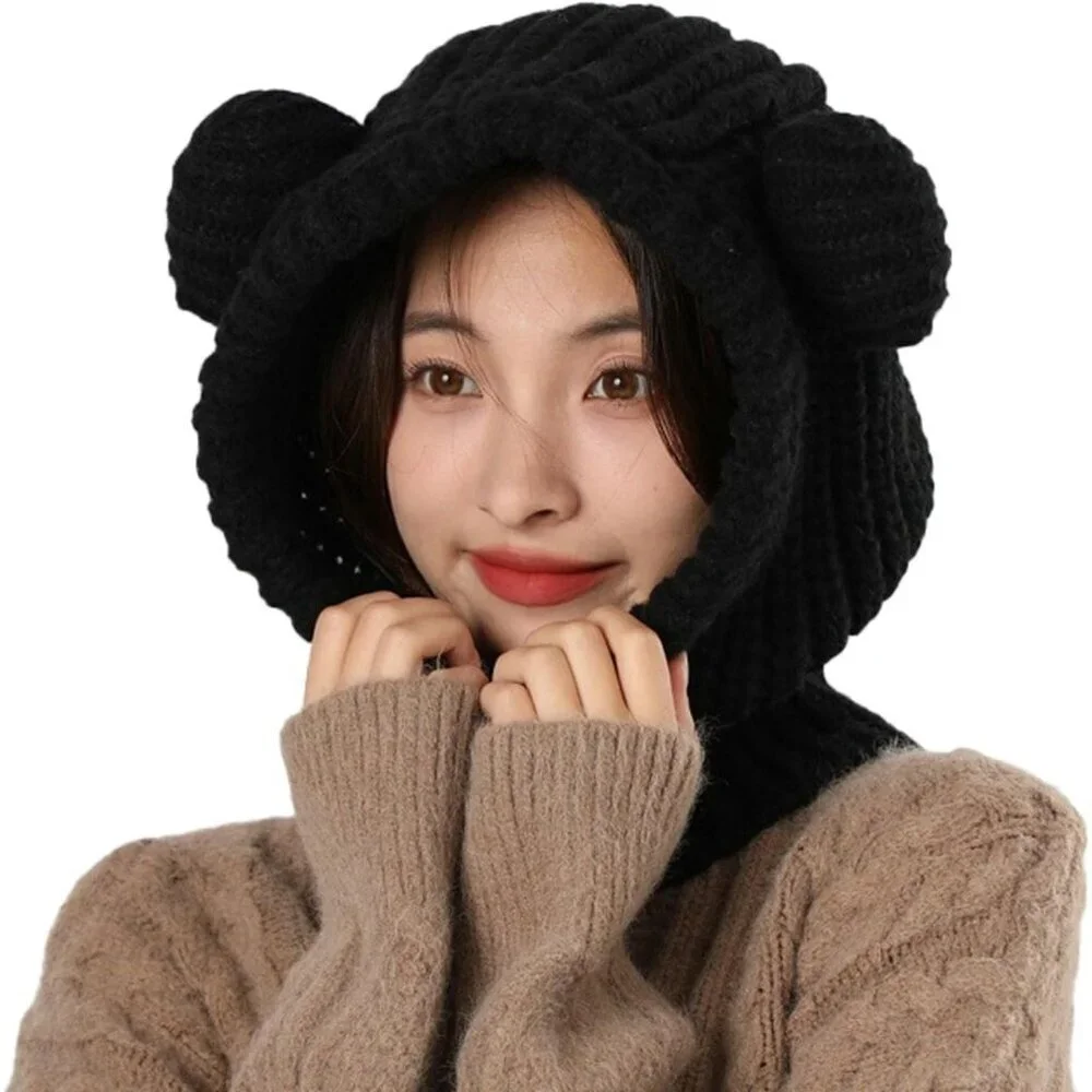 Women's Black Cute Bear Balaclava Warm Hooded Scarf Beanie Hat Skull Pullover